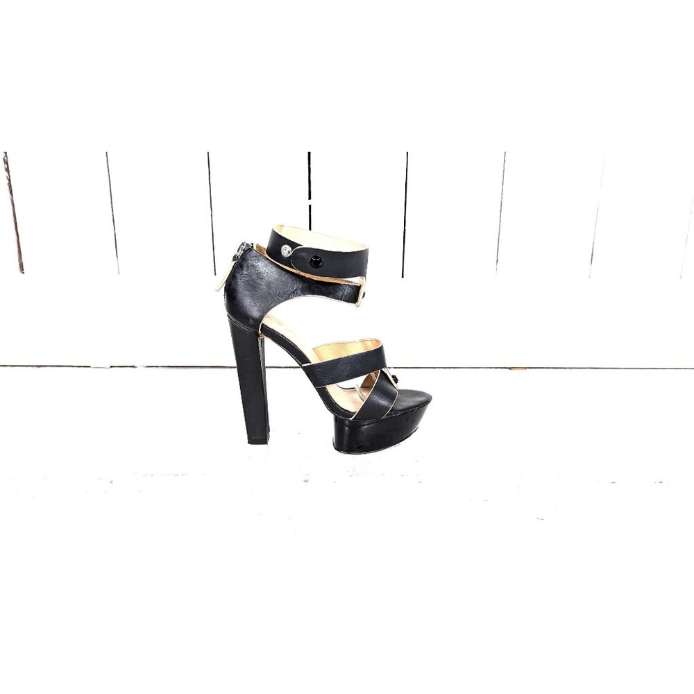 Black leather high heel platform open toe ankle strap heels
